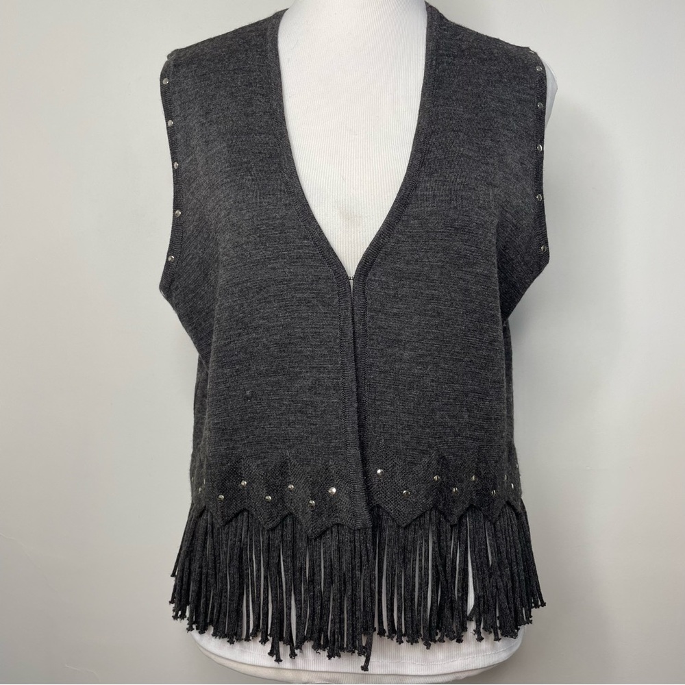 Maggy London Sweater Vest M Gray Wool Blend Fringe Western Boho Hippie Festival